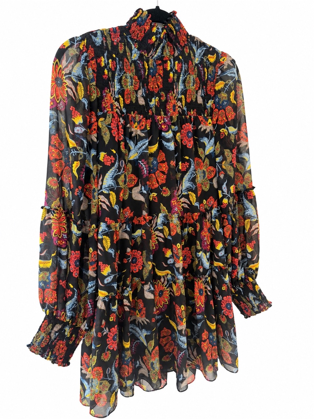 cinq a sept Black Floral Tiered Long-Sleeve Mini Dress with Red & Yellow Accents